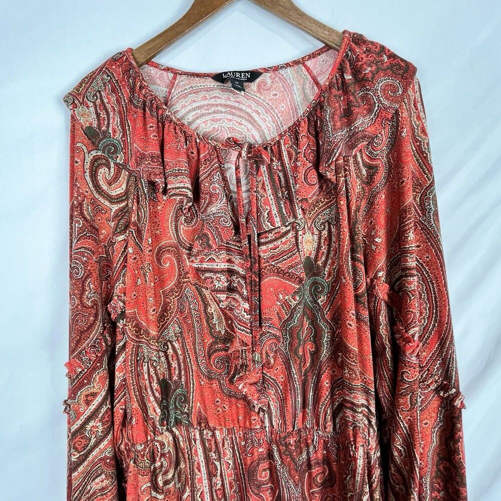 Lauren Ralph Lauren Paisley Tiered Dress Size 14 Boho Peasant Fall Midi - Picture 5 of 16